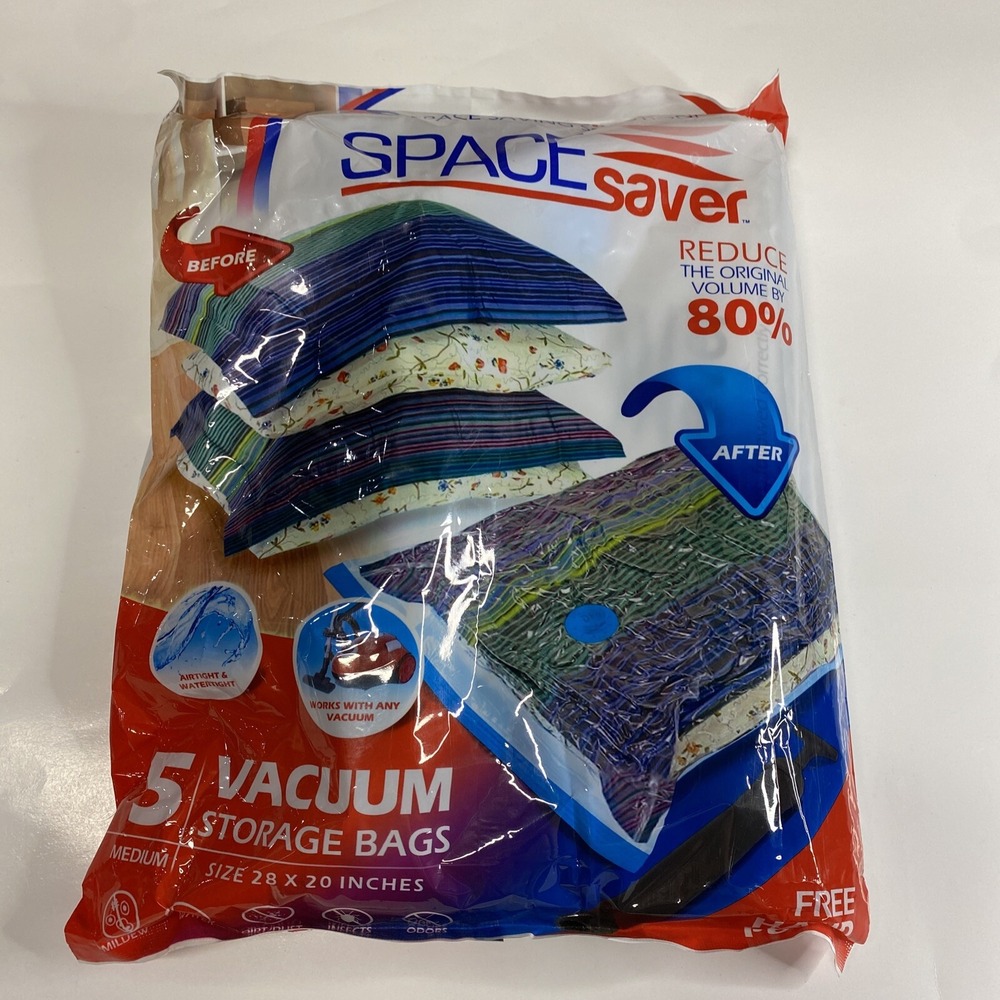 Space Saver Vacuum Storage Bags 5-Pack Sz Medium 28x20 With Hand Pump Clear Bags